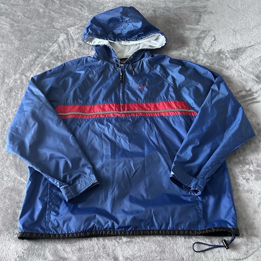 Vtg 90s Y2K Nike Windbreaker Mesh Lined  Hooded Jacket Women's XL Blue Red